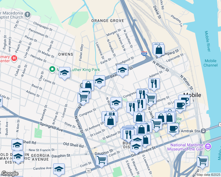 map of restaurants, bars, coffee shops, grocery stores, and more near 311 Tunstall Street in Mobile