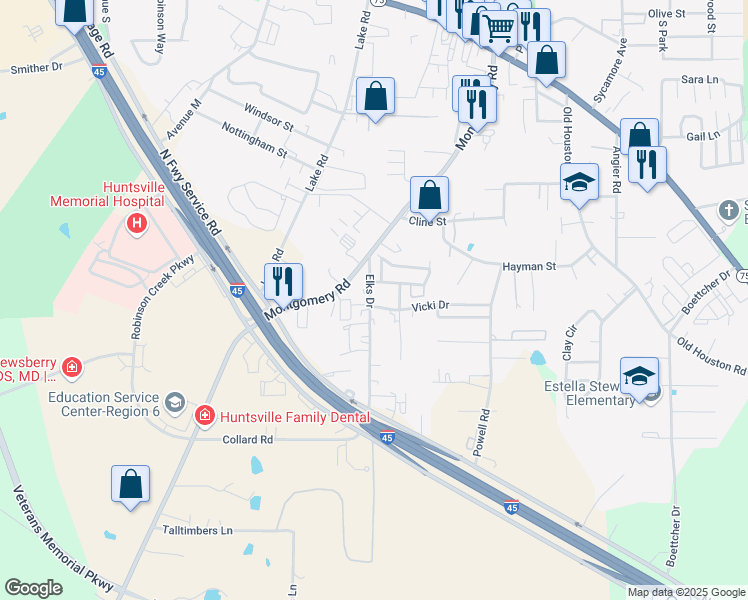 map of restaurants, bars, coffee shops, grocery stores, and more near 3205 Elks Drive in Huntsville