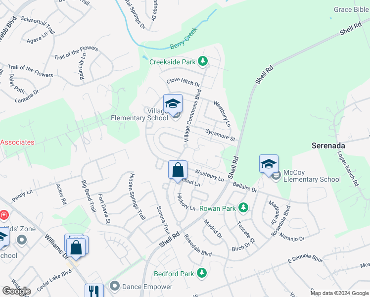 map of restaurants, bars, coffee shops, grocery stores, and more near 320 Village Commons Boulevard in Georgetown