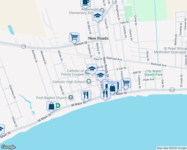 map of restaurants, bars, coffee shops, grocery stores, and more near 417 Poydras Street in New Roads