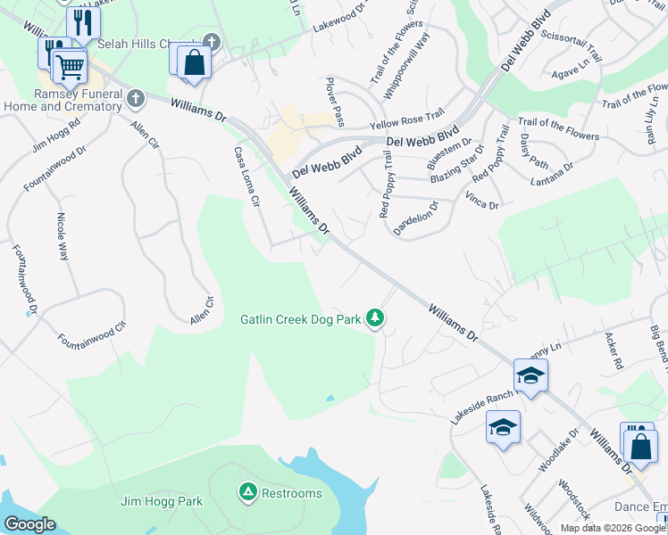 map of restaurants, bars, coffee shops, grocery stores, and more near 104 Bettie Mae Way in Georgetown
