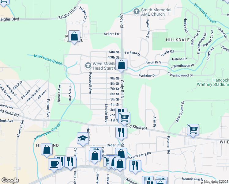 map of restaurants, bars, coffee shops, grocery stores, and more near 7134-7164 6th Street in Mobile
