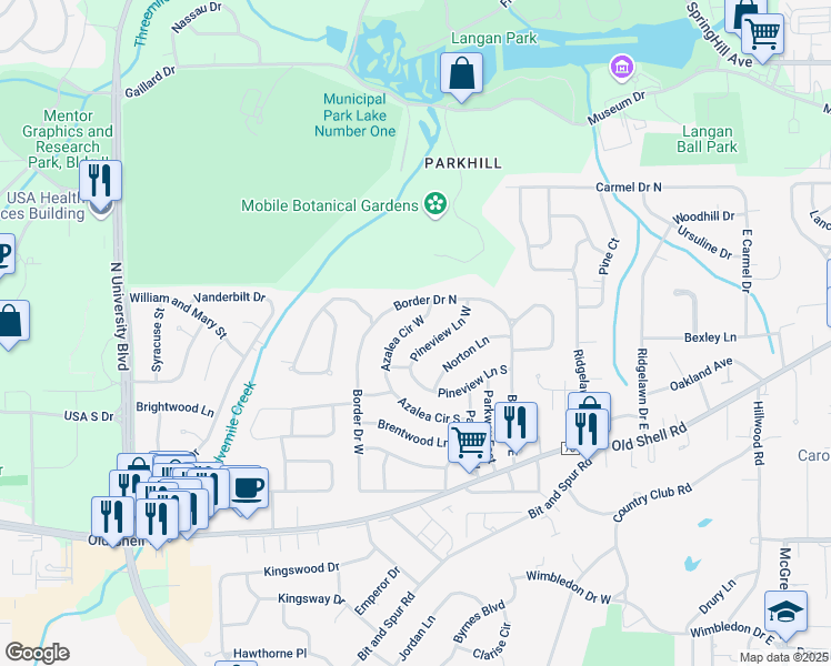 map of restaurants, bars, coffee shops, grocery stores, and more near 315 Pineview Lane in Mobile