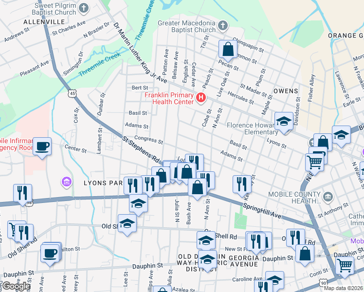 map of restaurants, bars, coffee shops, grocery stores, and more near 221-223 Rylands Street in Mobile