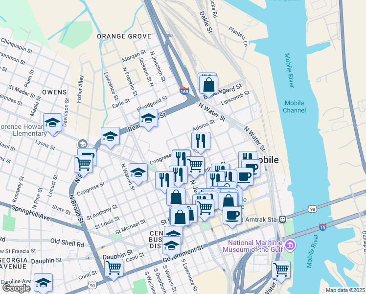 map of restaurants, bars, coffee shops, grocery stores, and more near 261 Congress Street in Mobile