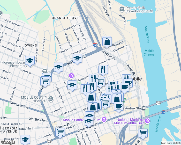 map of restaurants, bars, coffee shops, grocery stores, and more near 261 Congress Street in Mobile