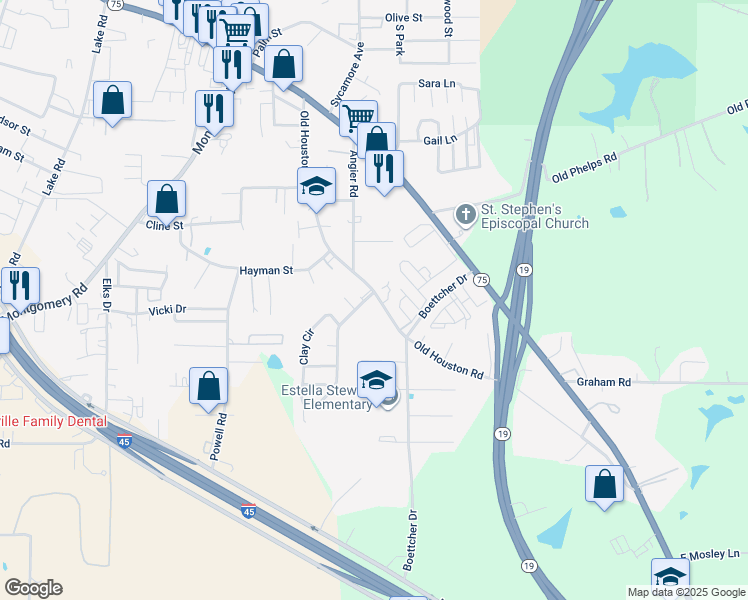 map of restaurants, bars, coffee shops, grocery stores, and more near 3020 Winding Way in Huntsville
