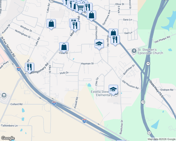 map of restaurants, bars, coffee shops, grocery stores, and more near 619 Hayman Street in Huntsville