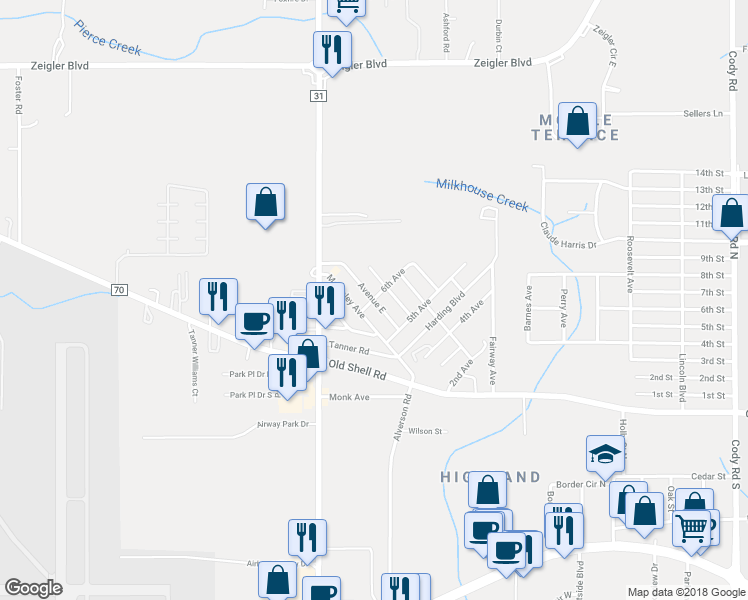 map of restaurants, bars, coffee shops, grocery stores, and more near 7799 Avenue East in Mobile
