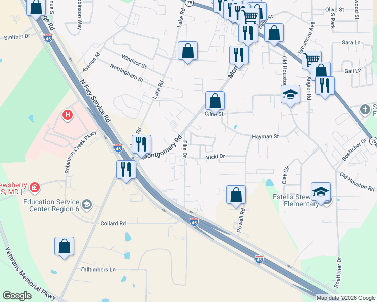 map of restaurants, bars, coffee shops, grocery stores, and more near 500 Vicki Drive in Huntsville