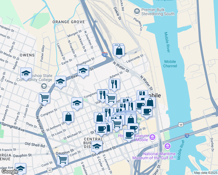 map of restaurants, bars, coffee shops, grocery stores, and more near Congress St in Mobile