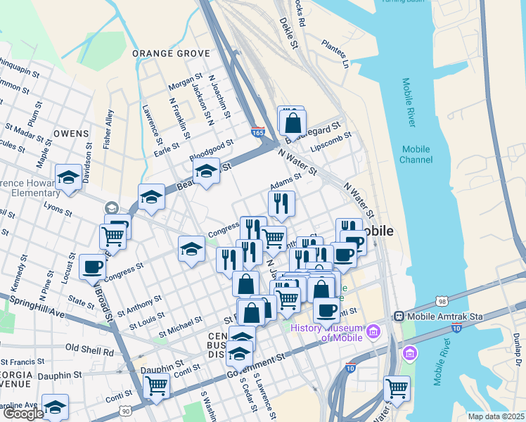 map of restaurants, bars, coffee shops, grocery stores, and more near 261 Congress Street in Mobile