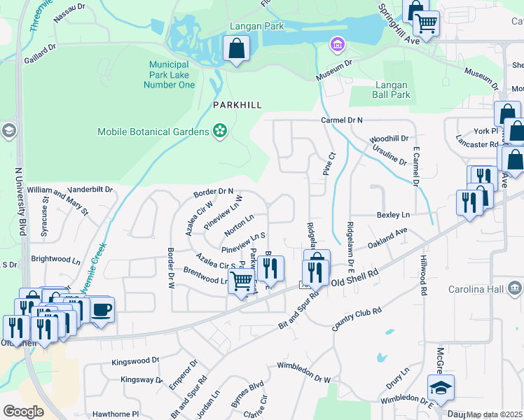 map of restaurants, bars, coffee shops, grocery stores, and more near 5105 Norton Lane in Mobile