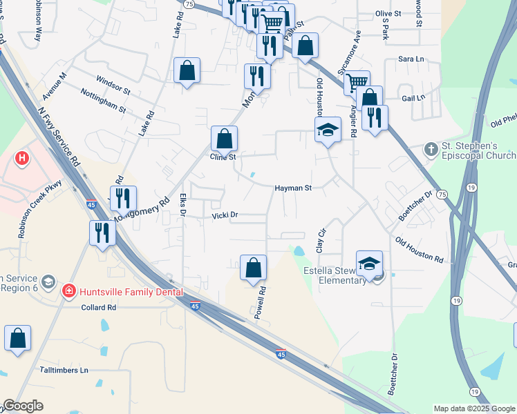 map of restaurants, bars, coffee shops, grocery stores, and more near 747 Vicki Drive in Huntsville