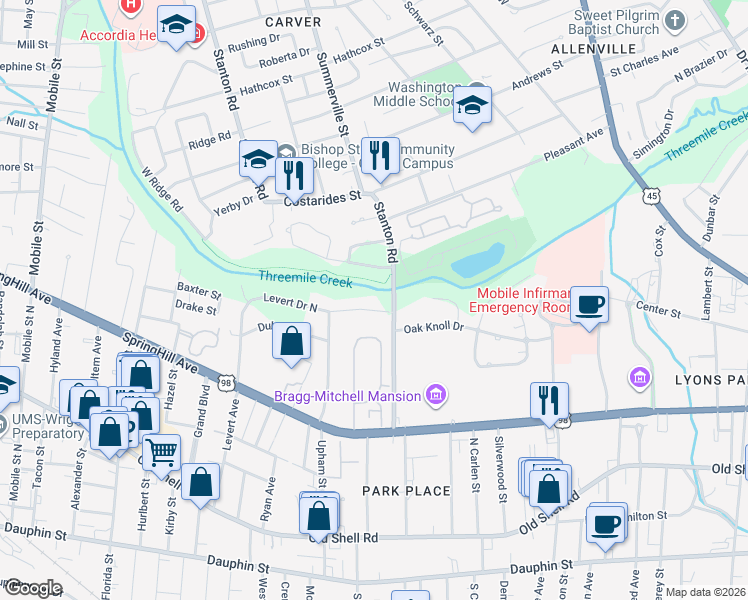 map of restaurants, bars, coffee shops, grocery stores, and more near 2021 Levert Drive North in Mobile