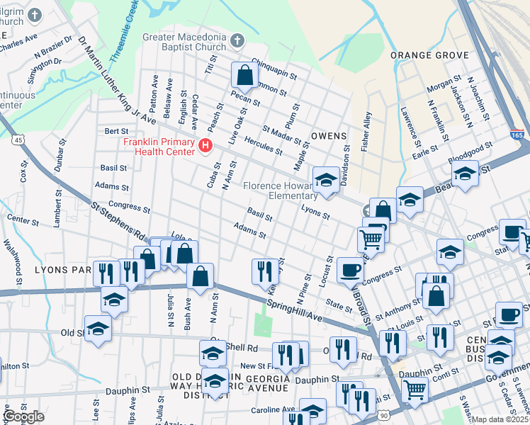 map of restaurants, bars, coffee shops, grocery stores, and more near 352 Clay Street in Mobile