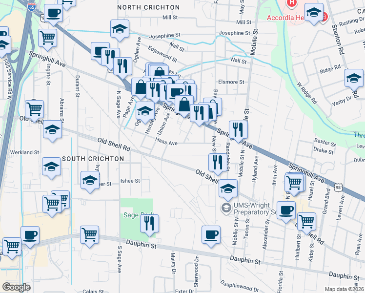 map of restaurants, bars, coffee shops, grocery stores, and more near 2780 Le Cren Street in Mobile