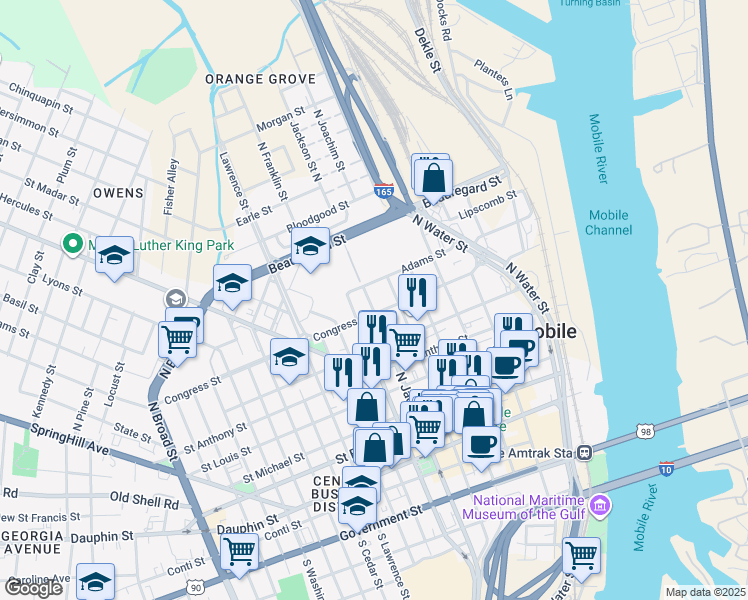 map of restaurants, bars, coffee shops, grocery stores, and more near 261 Congress Street in Mobile