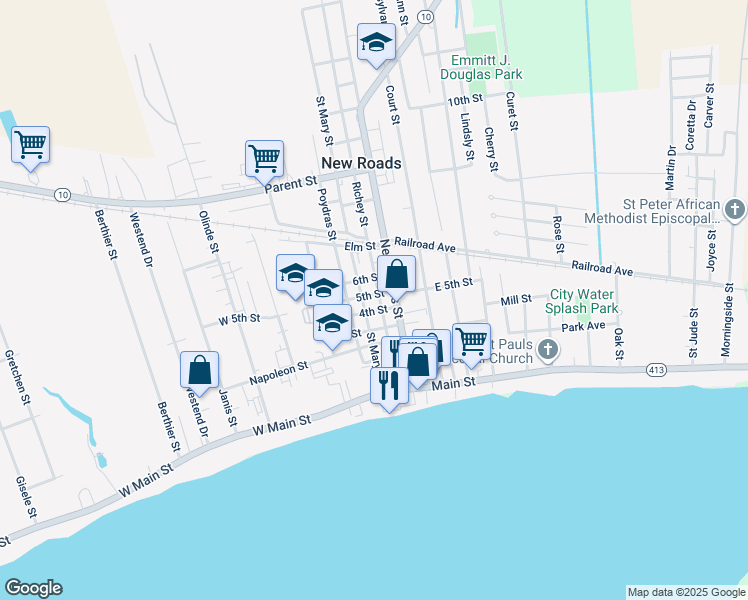 map of restaurants, bars, coffee shops, grocery stores, and more near 405 Richey Street in New Roads