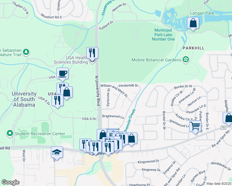 map of restaurants, bars, coffee shops, grocery stores, and more near 5604 Judson Circle in Mobile