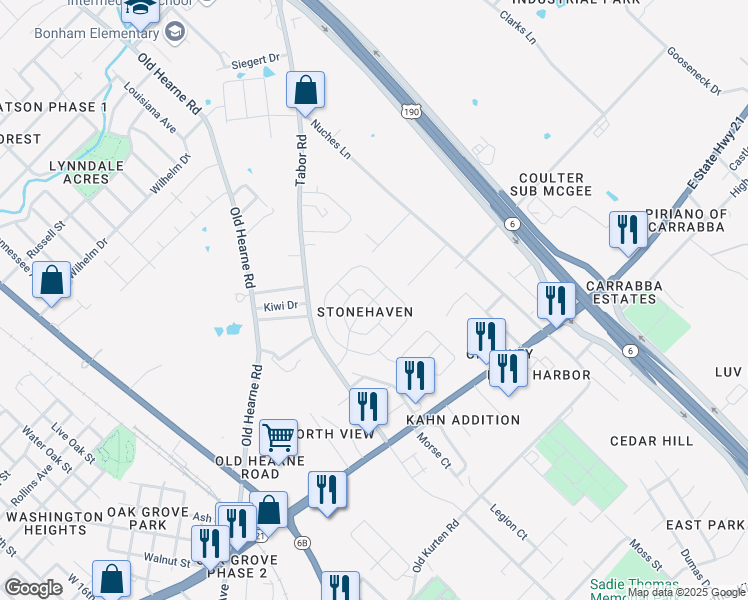 map of restaurants, bars, coffee shops, grocery stores, and more near Stone View Court in Bryan