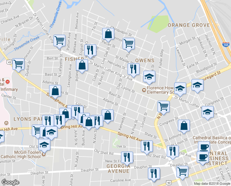 map of restaurants, bars, coffee shops, grocery stores, and more near 1200 Basil Street in Mobile