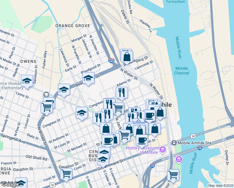 map of restaurants, bars, coffee shops, grocery stores, and more near 206 State Street in Mobile