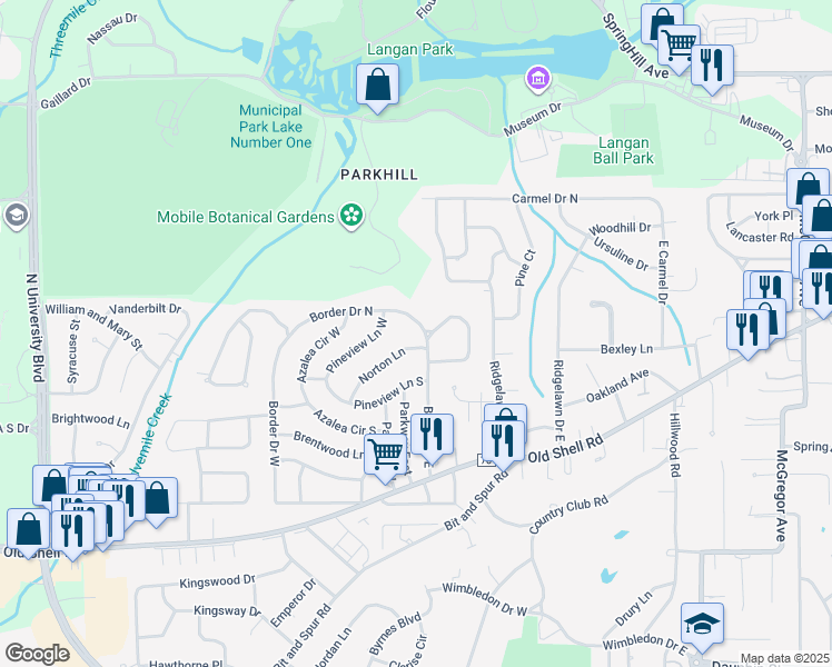 map of restaurants, bars, coffee shops, grocery stores, and more near 5105 Norton Lane in Mobile