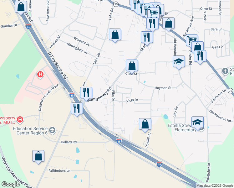 map of restaurants, bars, coffee shops, grocery stores, and more near 104 Sendero Drive in Huntsville