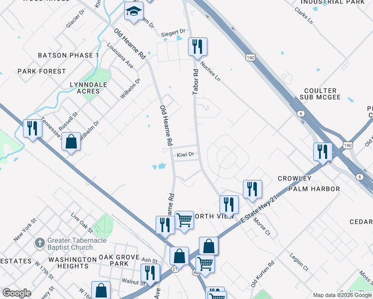 map of restaurants, bars, coffee shops, grocery stores, and more near 2301 Old Hearne Road in Bryan