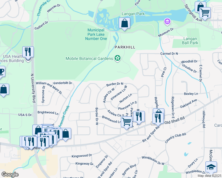 map of restaurants, bars, coffee shops, grocery stores, and more near 331 Azalea Circle West in Mobile