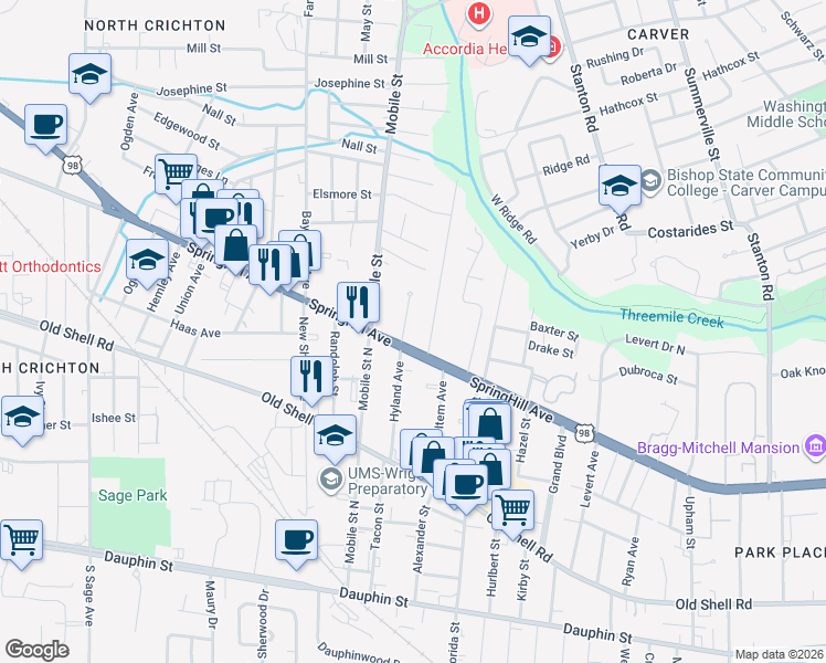 map of restaurants, bars, coffee shops, grocery stores, and more near 263 Del Barco Drive in Mobile