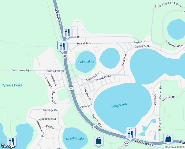 map of restaurants, bars, coffee shops, grocery stores, and more near 5671 Clydetta Drive in Lake Park