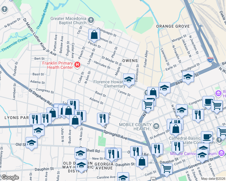 map of restaurants, bars, coffee shops, grocery stores, and more near 406 Gaston Street in Mobile