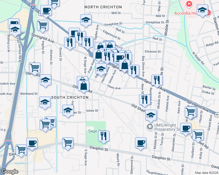 map of restaurants, bars, coffee shops, grocery stores, and more near 155 Union Avenue in Mobile
