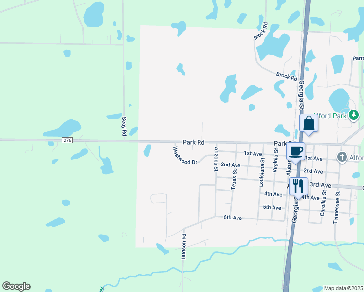map of restaurants, bars, coffee shops, grocery stores, and more near 2363 Park Avenue in Alford