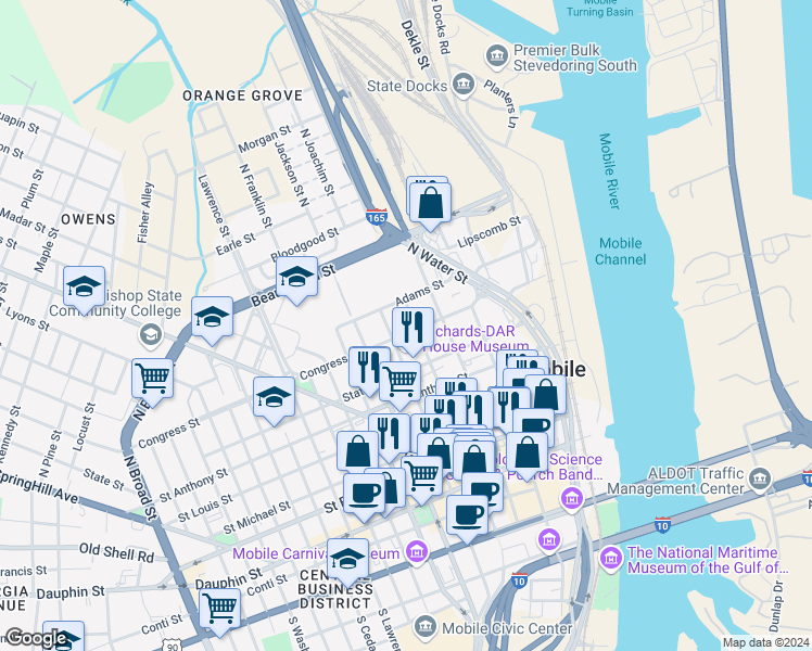map of restaurants, bars, coffee shops, grocery stores, and more near 305 North Conception Street in Mobile
