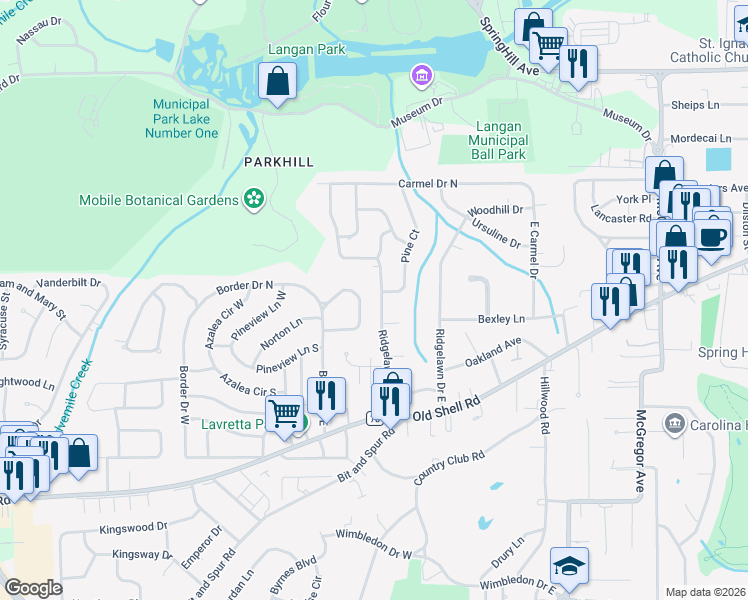 map of restaurants, bars, coffee shops, grocery stores, and more near 401-433 W Ridgelawn Dr in Mobile