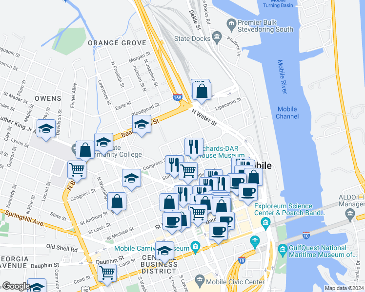map of restaurants, bars, coffee shops, grocery stores, and more near 250 Adams Street in Mobile