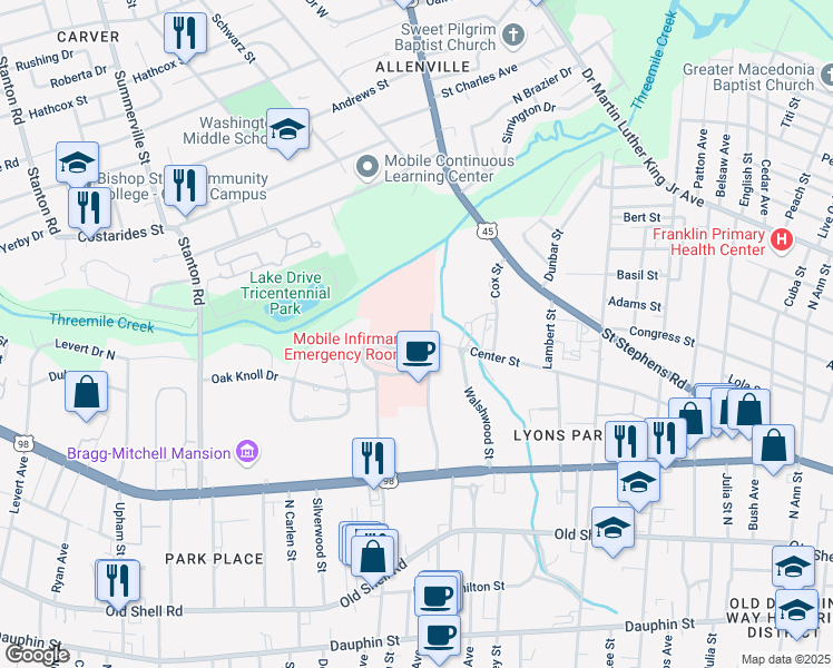 map of restaurants, bars, coffee shops, grocery stores, and more near 3 Mobile Infirmary Circle in Mobile