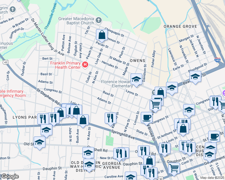 map of restaurants, bars, coffee shops, grocery stores, and more near 1200 Glennon Avenue in Mobile