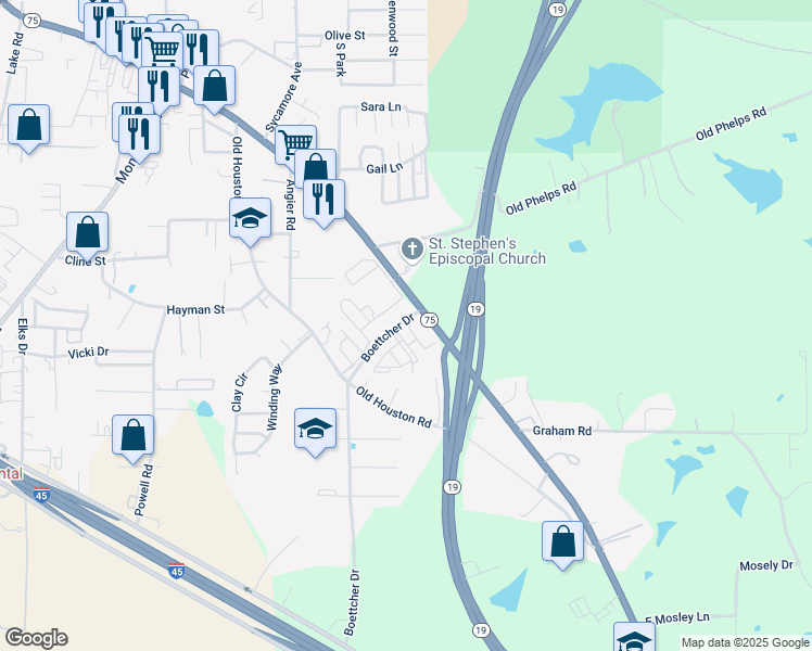 map of restaurants, bars, coffee shops, grocery stores, and more near 5050 Sam Houston Avenue in Huntsville
