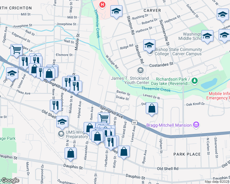 map of restaurants, bars, coffee shops, grocery stores, and more near 301 Chidester Avenue in Mobile