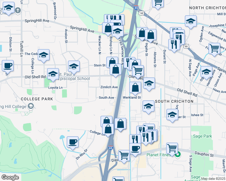 map of restaurants, bars, coffee shops, grocery stores, and more near 55 Bishop Lane South in Mobile