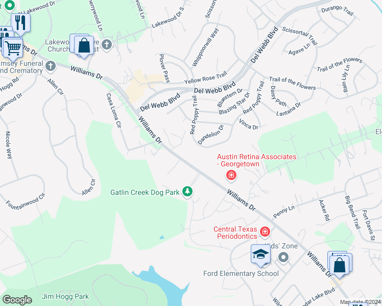 map of restaurants, bars, coffee shops, grocery stores, and more near 4909 Williams Drive in Georgetown