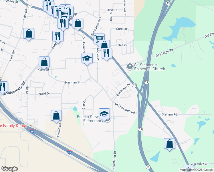 map of restaurants, bars, coffee shops, grocery stores, and more near 5020 Sam Houston Avenue in Huntsville