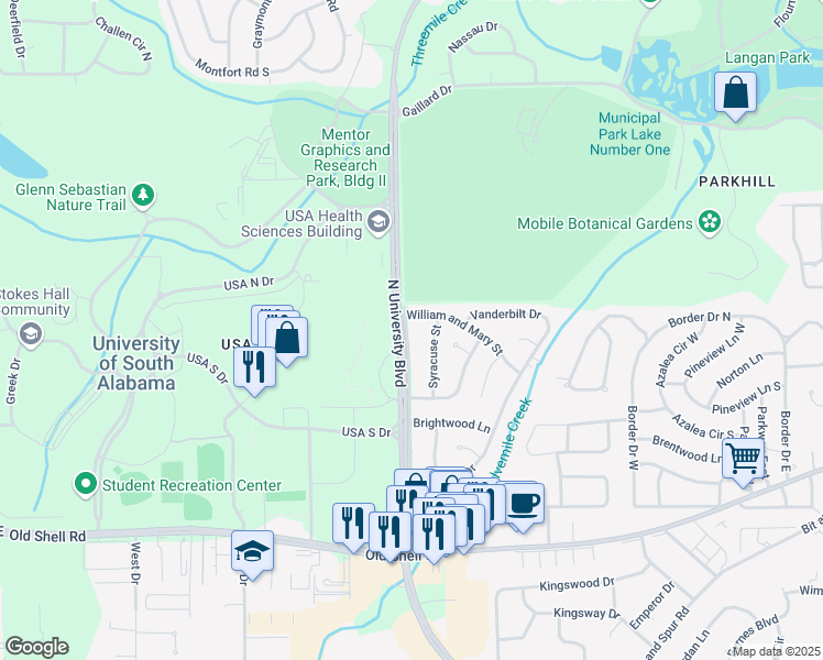 map of restaurants, bars, coffee shops, grocery stores, and more near 408 North University Boulevard in Mobile
