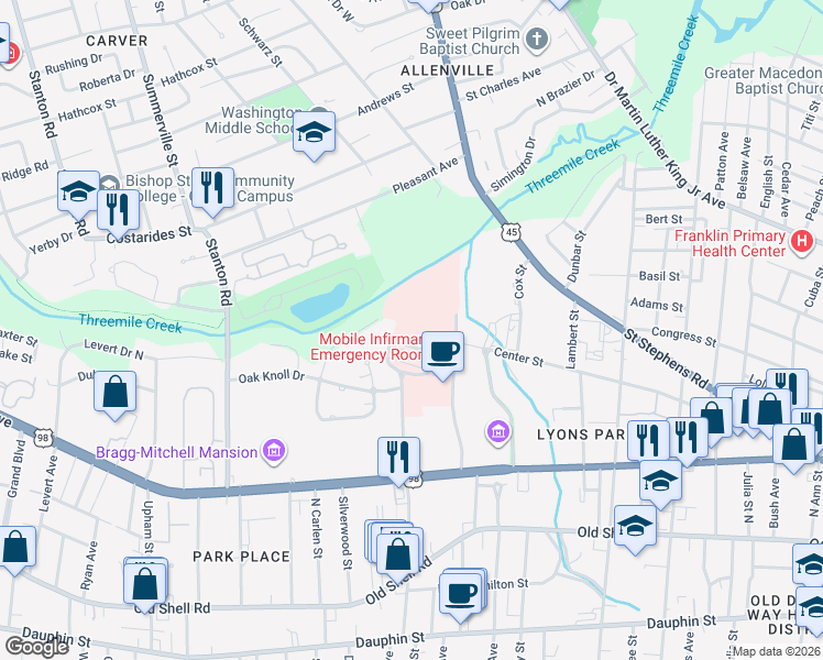 map of restaurants, bars, coffee shops, grocery stores, and more near Mobile Infirmary Boulevard in Mobile