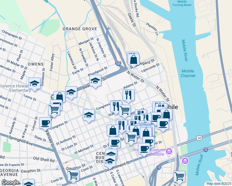 map of restaurants, bars, coffee shops, grocery stores, and more near 250-258 Adams Street in Mobile