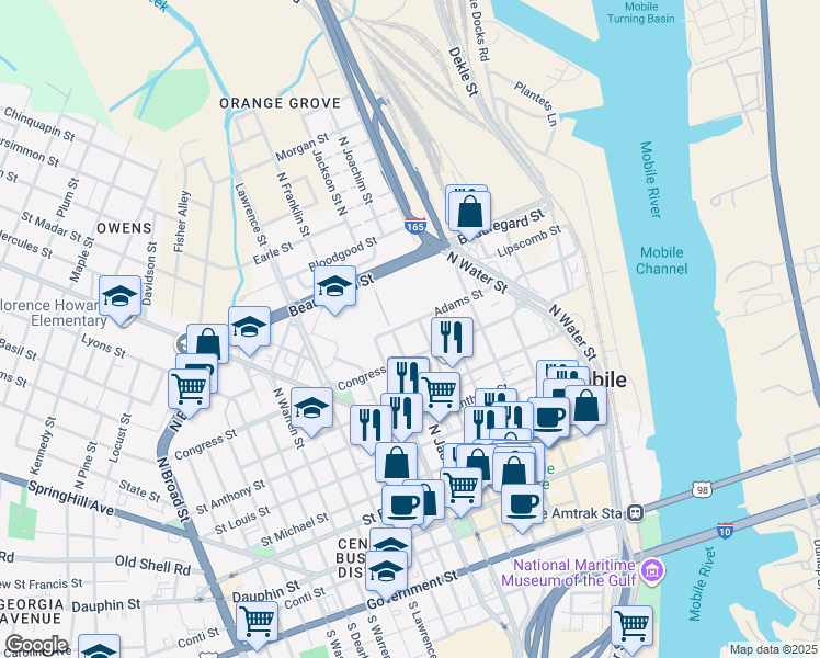 map of restaurants, bars, coffee shops, grocery stores, and more near 255 Adams Street in Mobile
